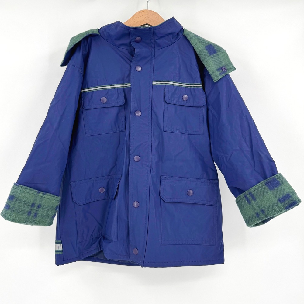 WipPette Retro Kids Blue Waterproof Hooded Rain Jacket Reflective Size 5/6